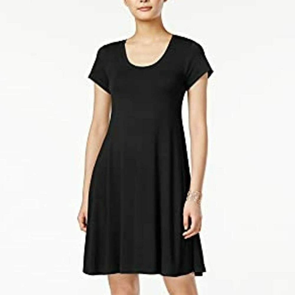 Style & Co Black Ruffled Short Sleeve Scoop Neck (Dress L), #554H